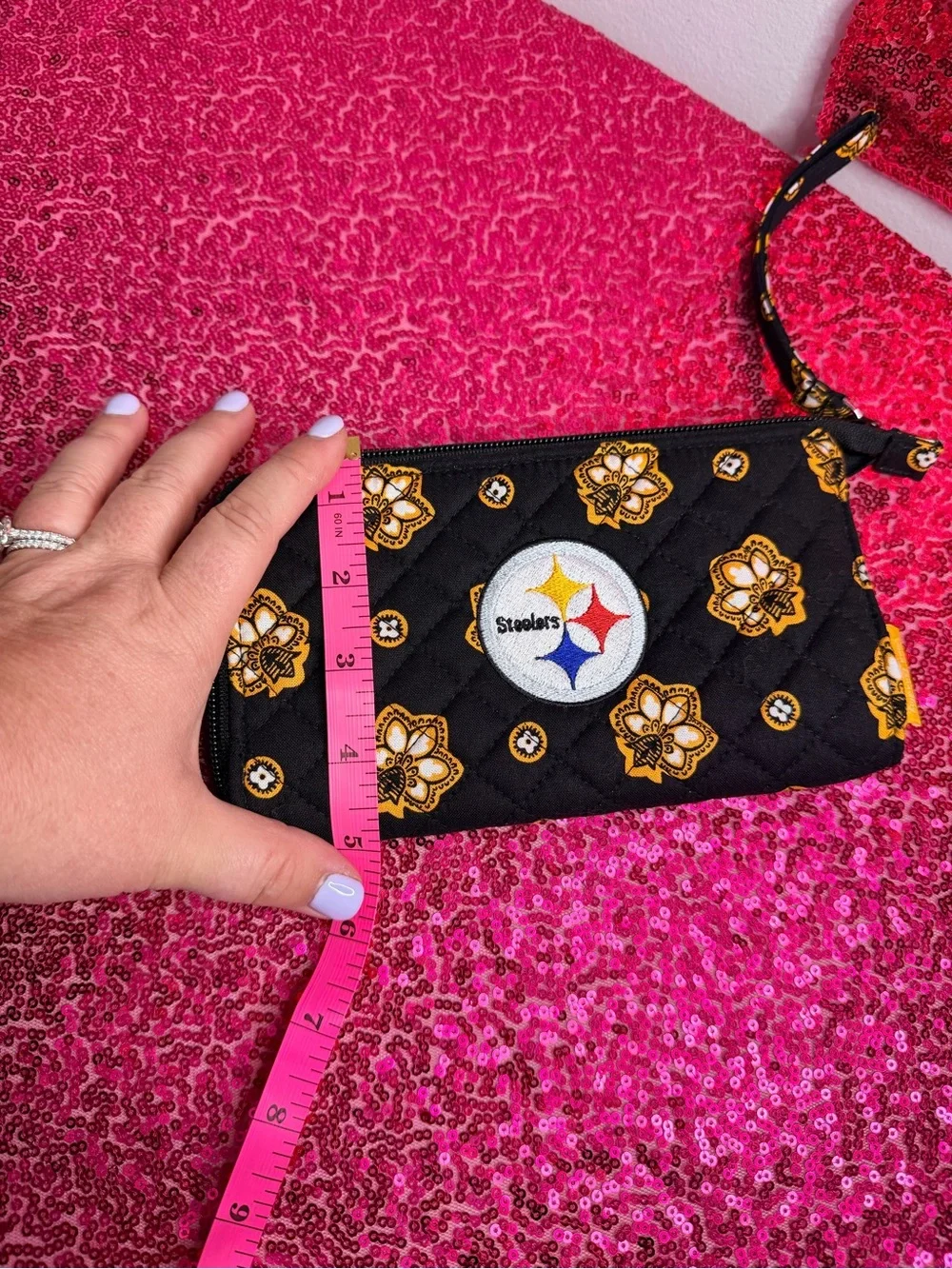 Vera Bradley Black Quilted Wristlet with Yellow Floral Steelers